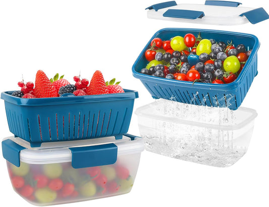 68oz Berry Keeper Fruit Storage Container for Fridge, Fresh Food Produce Saver Containers with Removable Drain Colanders, Vegetable Lettuce Keeper Bowl, Refrigerator Organizer, PRESS TO OPEN CLOSE LID