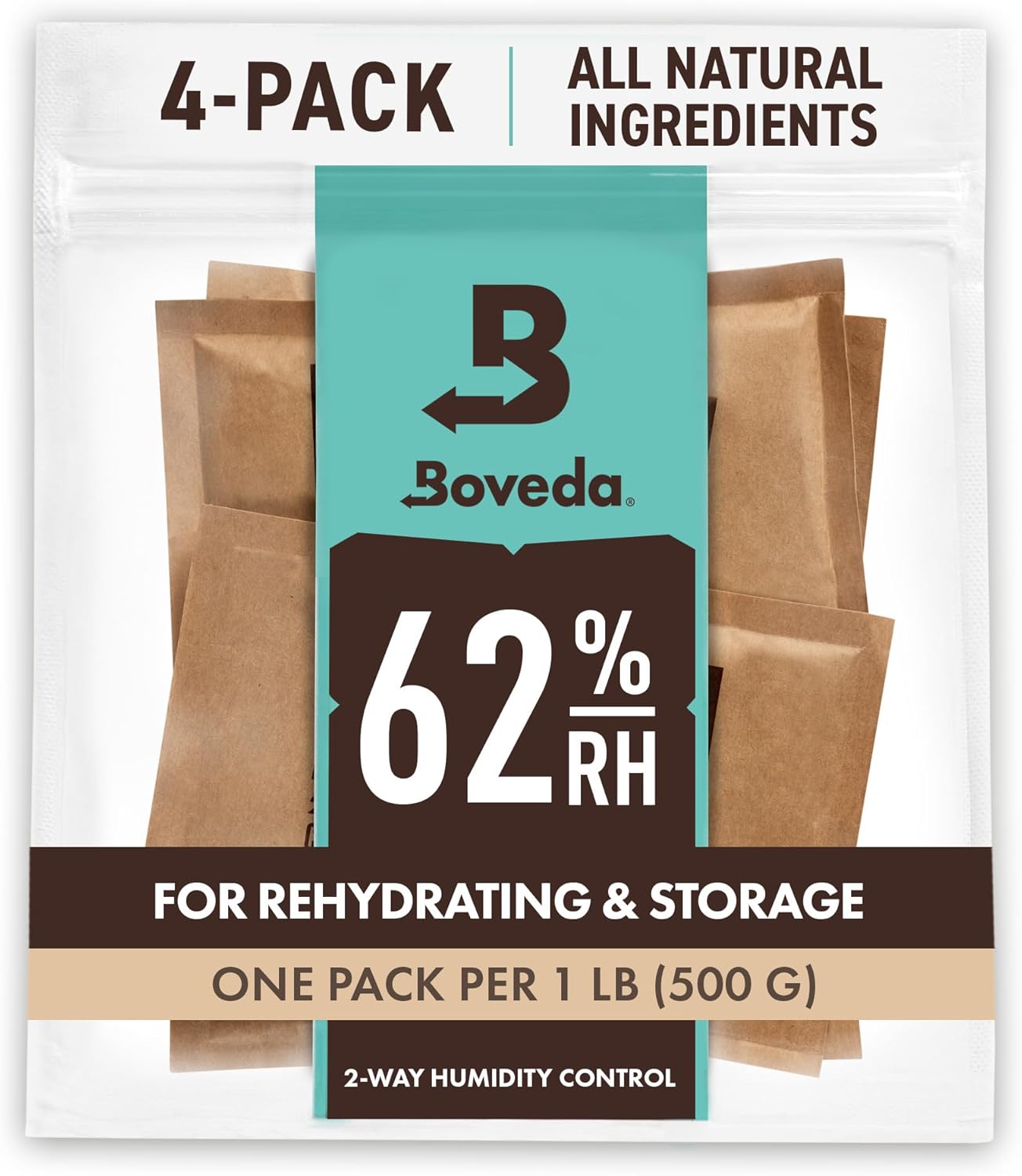 Boveda 62% Two-Way Humidity Control Packs For Storing 1 lb – Size 67 – 4 Pack – Moisture Absorbers for Storage Containers – Humidifier Packs – Hydration Packets in Resealable Bag
