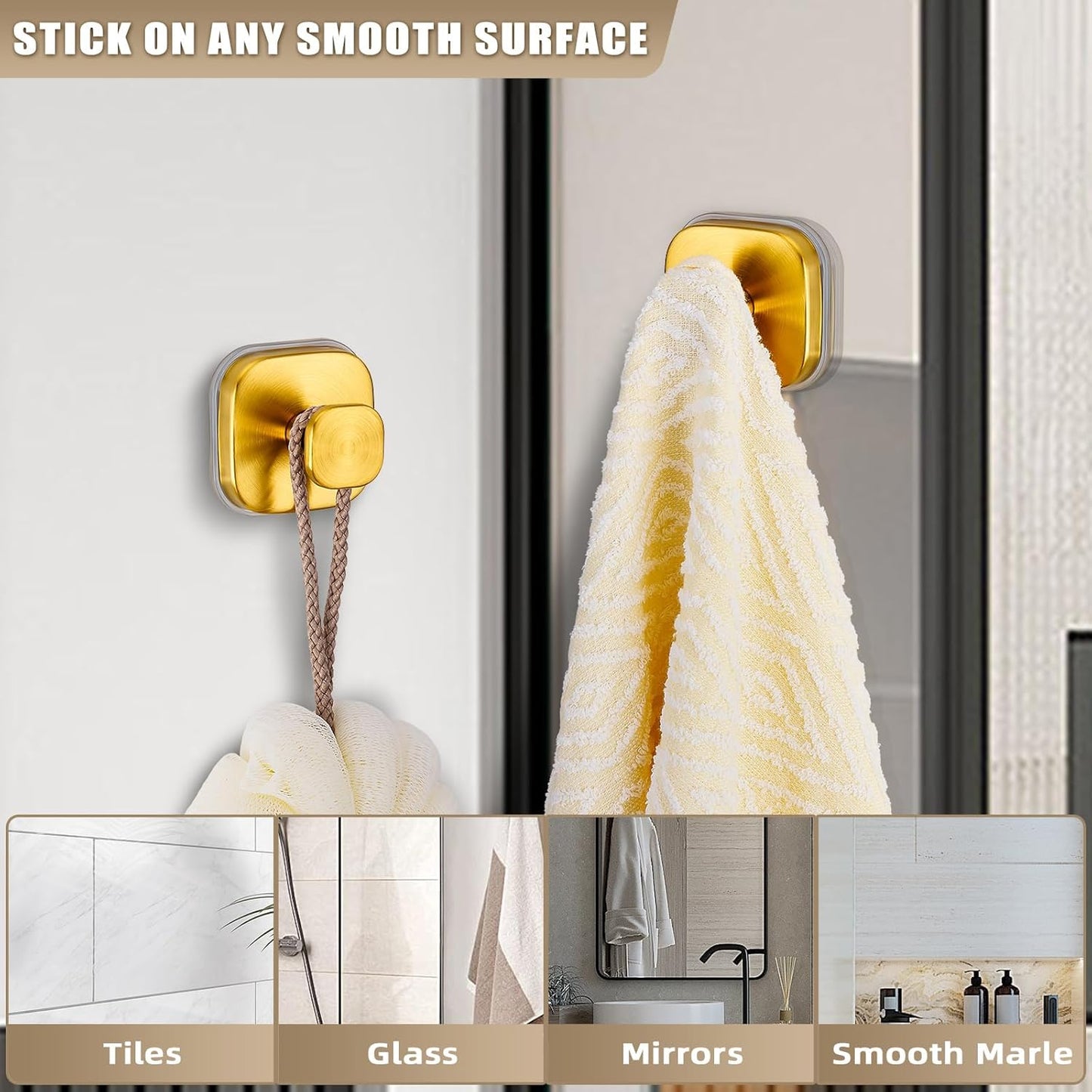 Suction Cup Hooks for Shower - Resuable Bathroom Hooks for Towels, Robes & Loofah - No-Drill Mounting on Kitchen,Walls,Metal,Glass,Mirrors,Tile & Smooth Non-Porous Surfaces (4, Brushed Gold)