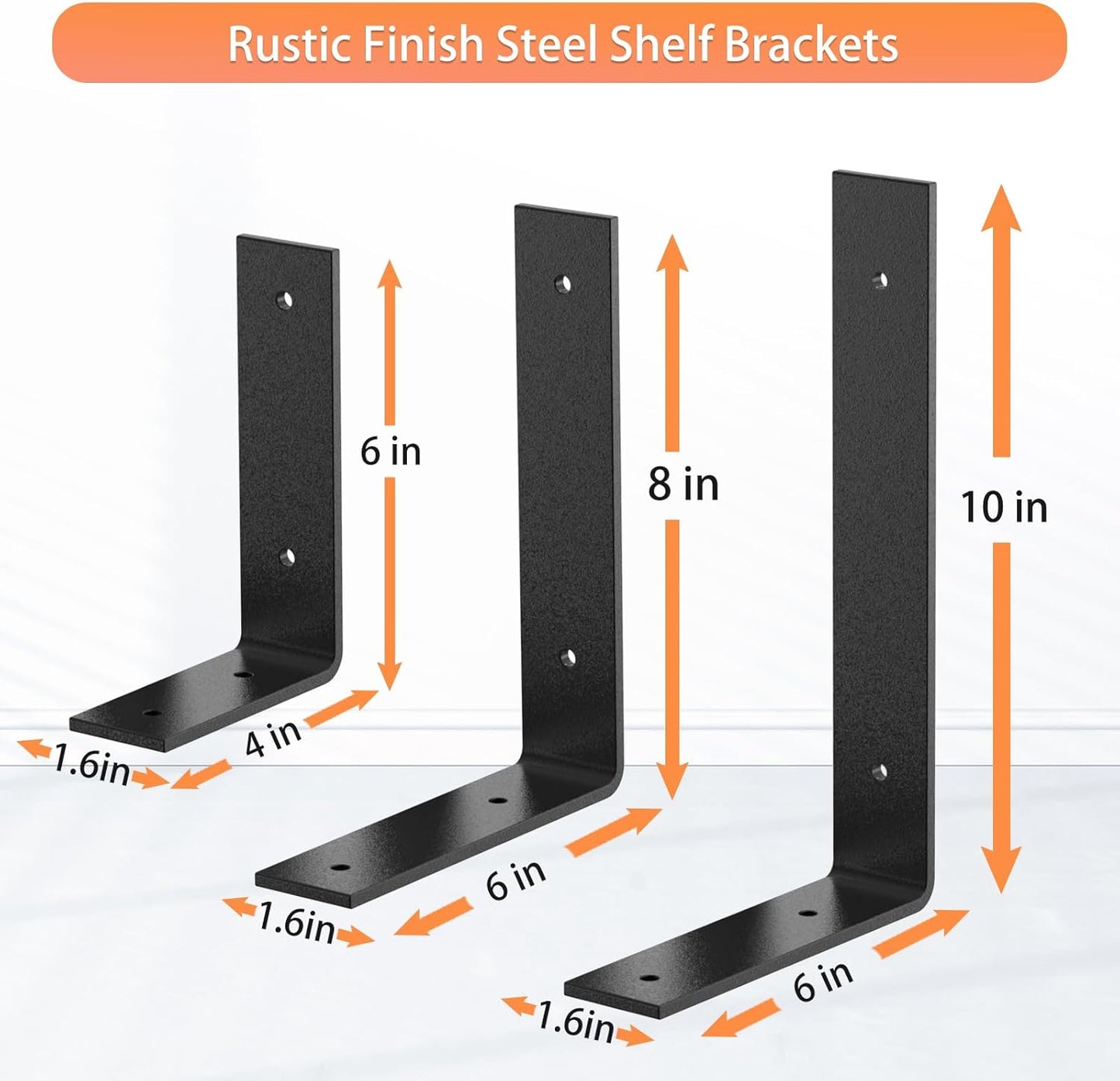 Black Heavy Duty Shelf Brackets 6 Inch, Rustic Gold Iron L Shelf Bracket, Industrial Modern Metal Floating Shelf with Hardware for DIY Open Shelving, 4 Pack