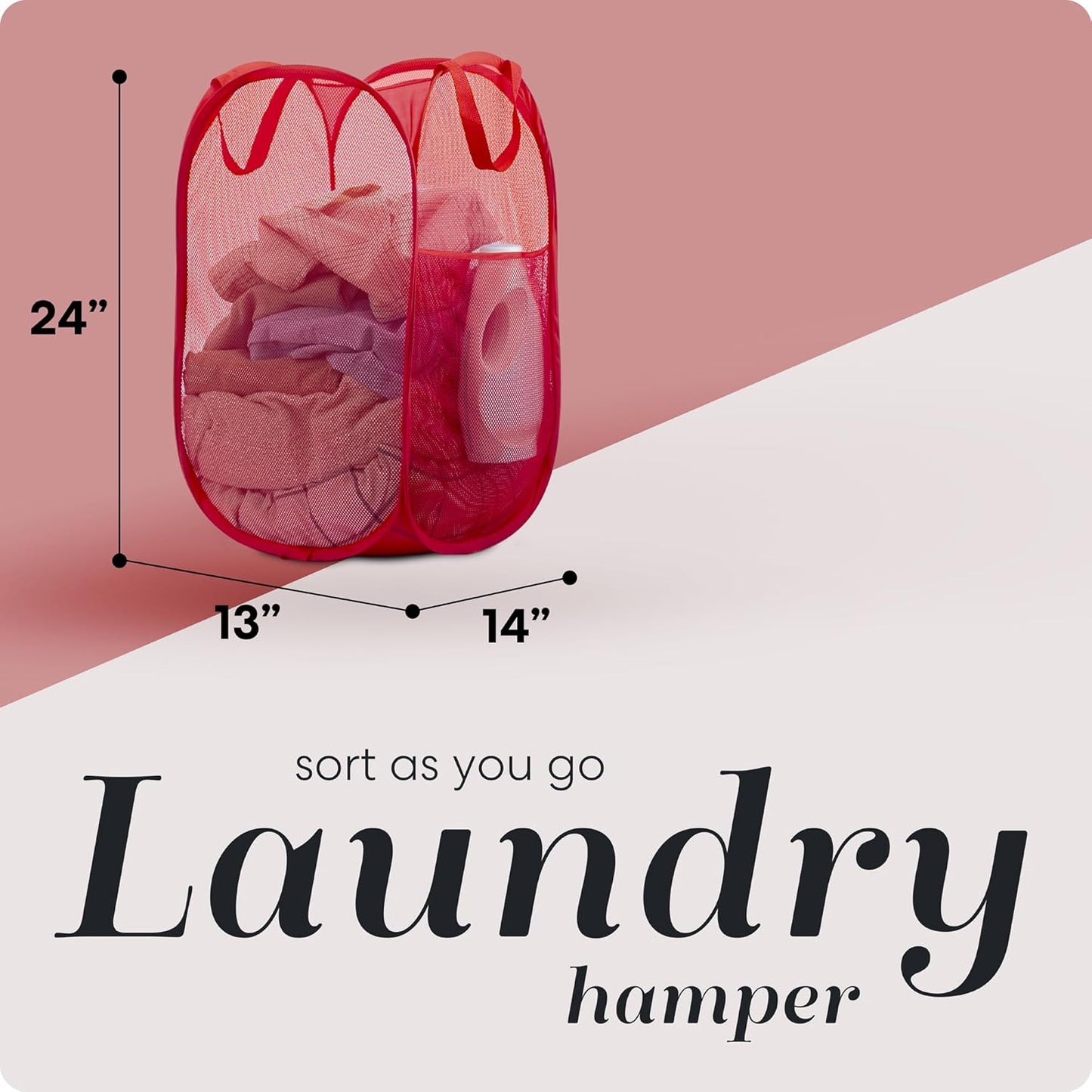 Handy Laundry Collapsible Mesh Pop Up Hamper with Wide Opening and Side Pocket - Breathable, Sturdy, Foldable, and Space-Saving Design for Clothes and Storage (Red)
