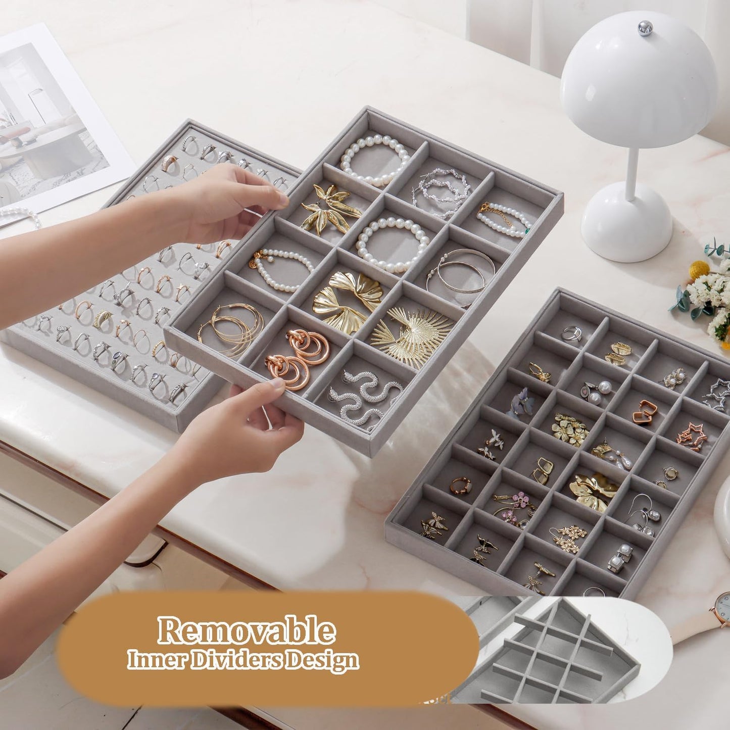 Large Velvet Jewelry Tray 2 Pack Stackable Jewelry Display Drawer Inserts Trays Organizer for Earring Bracelet Necklace Ring (Gray, 12 Grids)