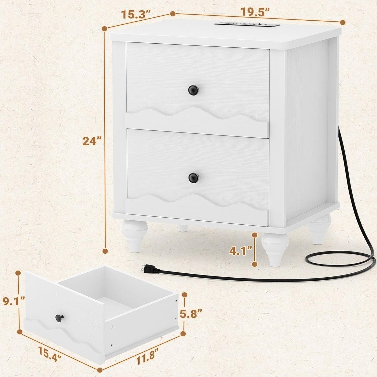 Cyclysio Nightstand Set of 2 with Charging Station, Side End Table with 2 Drawers, Modern Wood Night Stand Set 2 with Scalloped Pattern for Bedroom, Bedside Night Tables with Solid Wood Gourd Legs