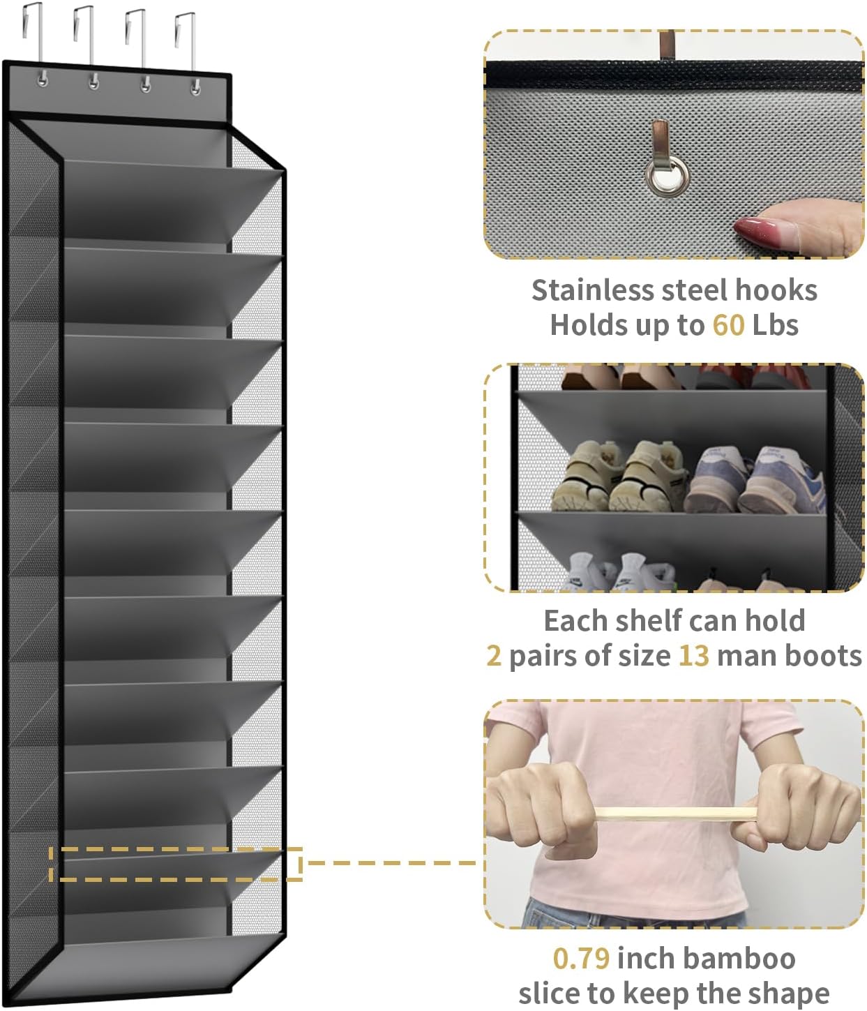 KEEPJOY 10 Tiers Mesh Over Door Shoe Organizer Storage, Hanging Shoe Holder for Door with Large Deep Pockets, Holds 20-30 Pairs of Shoes, Ideal for Sneakers & Boots.(Grey)