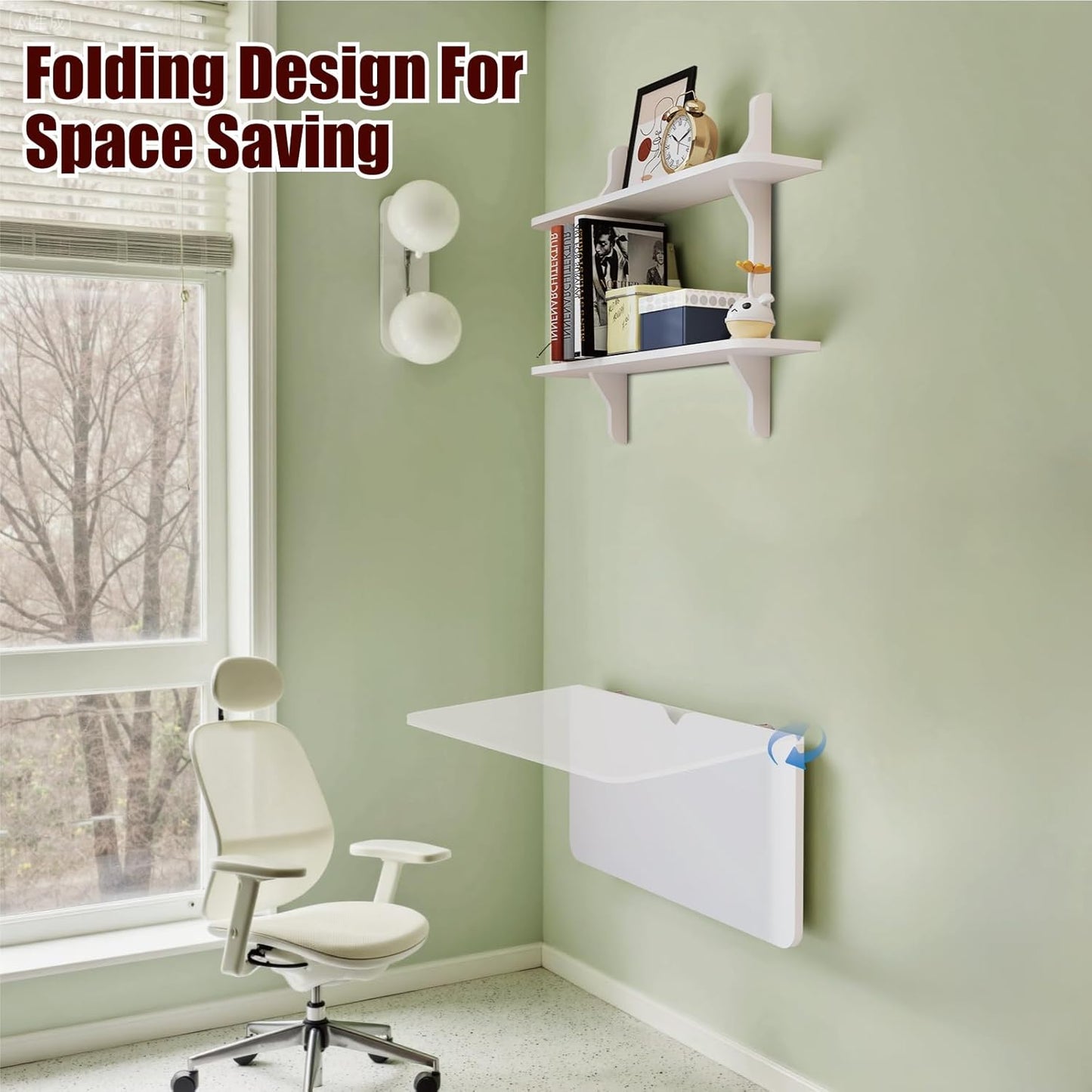 Pmnianhua Wall Mounted Folding Table, 31'' Floating Laptop Desk with Shelves, Foldable Drop Leaf Table, Wall Mount Fold Down Table for Laundry Room Kitchen Bar Home Office Small Space(White)