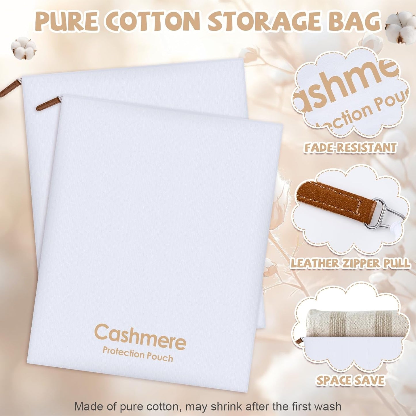 4 Pack Cashmere Sweater Storage Bags, Large Breathable Washable Pure Cotton Zipper Pouch Organizers Covers Bags for Cashmere Wool Sweaters Clothing Saree Storage Protection, 17 x 14 inch