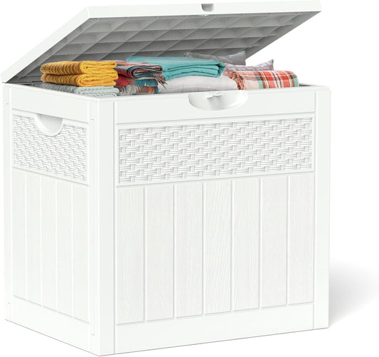 ZYJOYY 33 Gallon Resin Deck Box, Weatherproof Outdoor Storage Box for Patio, Garden and Yard, Lockable Waterproof Bin for Tools, Cushions, and Accessories, White
