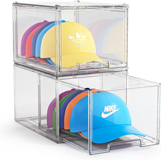 2 Pack Hat Organizer Box for Baseball Caps Organizer, Hat Organizer Box with Sliding Drawer, Hat Holder Storage Organizer, Clear Drawer Stackable for Hats Snapback Cap Storage