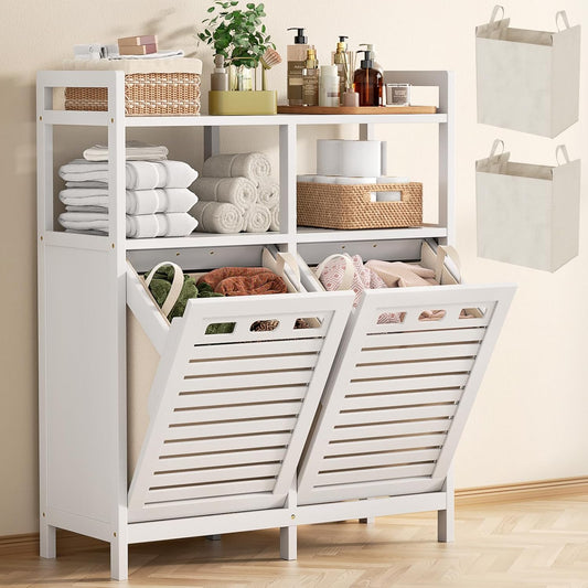 Homykic Tilt Out Laundry Hamper Cabinet, Bamboo Double Laundry Hamper with 2 Removable Laundry Baskets, 20 Gal Laundry Sorter Organizer with Shelf for Dirty Clothes, Bathroom, Laundry Room, White