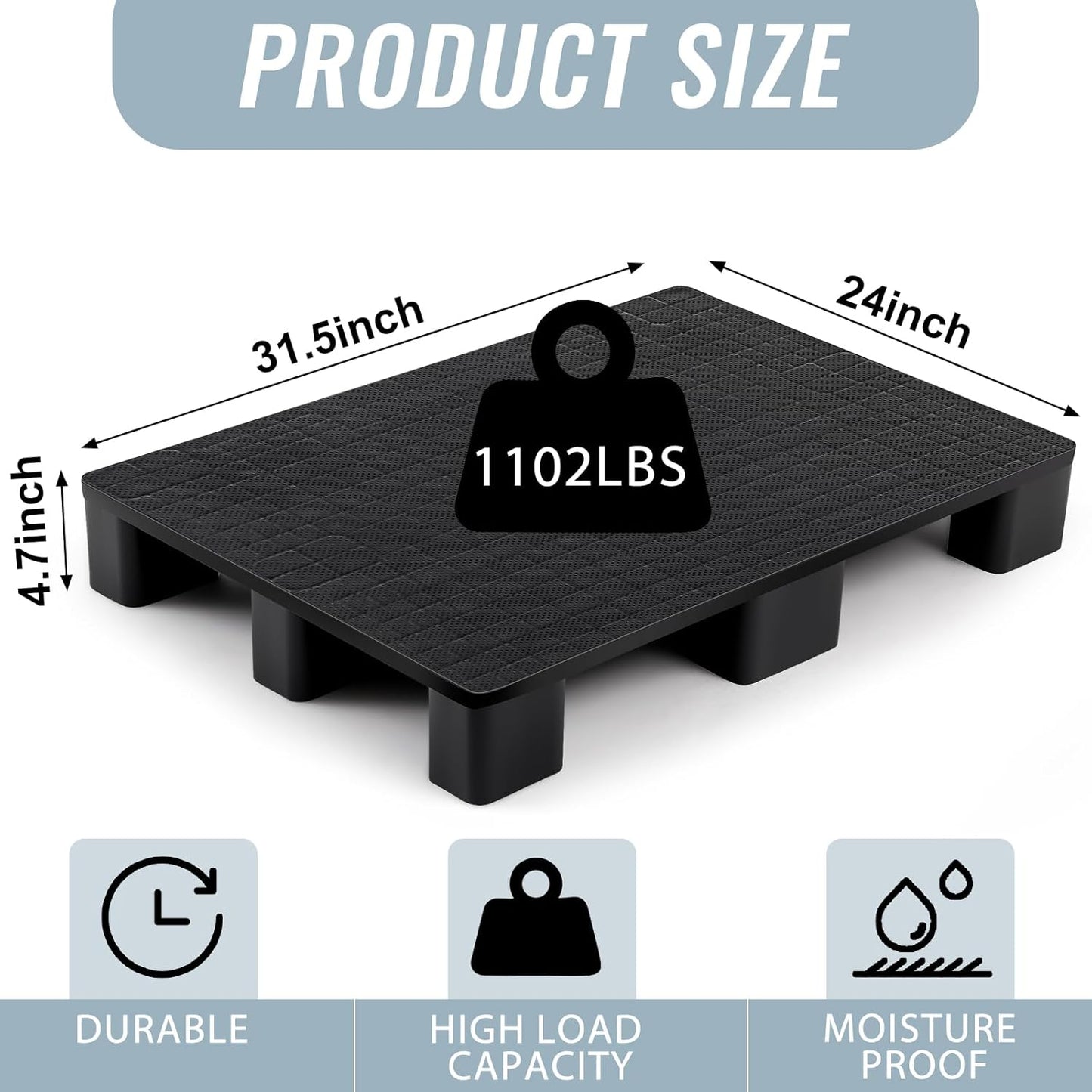 2 Pcs Plastic Pallet for Basement Storage Easy Stack Lightweight Floor Pallet Display Flooring Room Supermarket Christmas, Support up to 2000 Lbs (31.5'' L X 24'' W X 4.7'' H,Black)