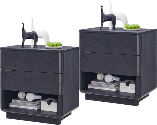 ACCOHOHO Nightstand Set of 2 with Charging Station, 22" Large Modern Bedside Table with 2 Drawers Storage,Push-to-Open End Table for Bedroom,Living Room,Black
