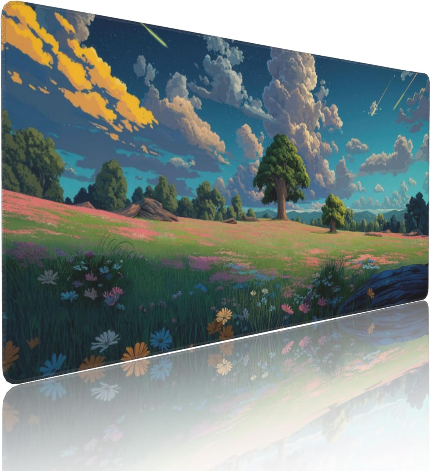 Anime Grass Flowers Blue Sky Large Mouse Pad, Vintage Aesthetic Gaming Desk Mat, XXL Keyboard Desk Pad Mat for Desktop, 35.4"x15.7" Non-Slip Base Big Mousepad with Stitched Edges