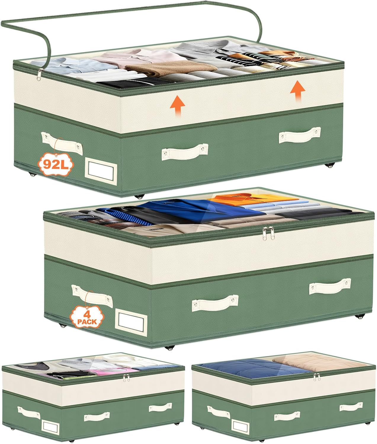 Dolicer 4 Pack Under Bed Storage with Wheels, 6in-10in Height Adjustable Underbed Storage Containers, 92L XXXL Under Bed Drawers Rolling Bin with Clear Lids for Dorm Shoes Clothes Organizers(Green)