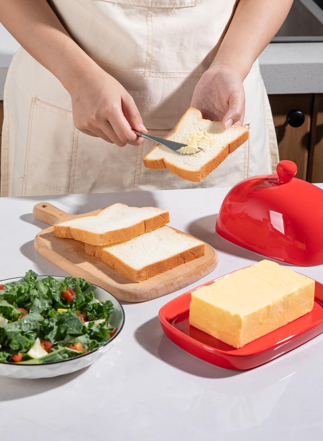 Sweejar Ceramic Butter Dish with Lid for Countertop,Porcelain Butter Keeper with Knob Handle,Butter Container for East/West Coast Butter, 7.3*4.1 inches (Red)