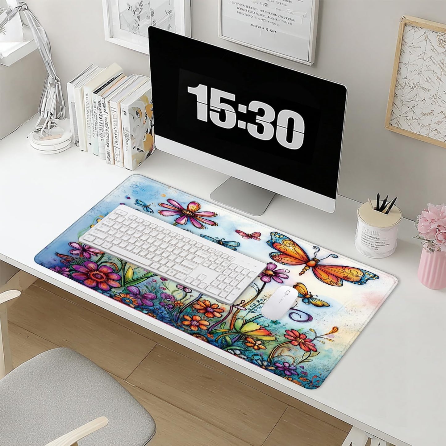 Vintage Hippie Floral Butterfly Large Mouse Pad 31.5x15.7inch, Retro Hippy Flower Butterfly Large Extended Computer Desk Mat Mousepad for Keyboard and Mouse, Flora Desk Accessories