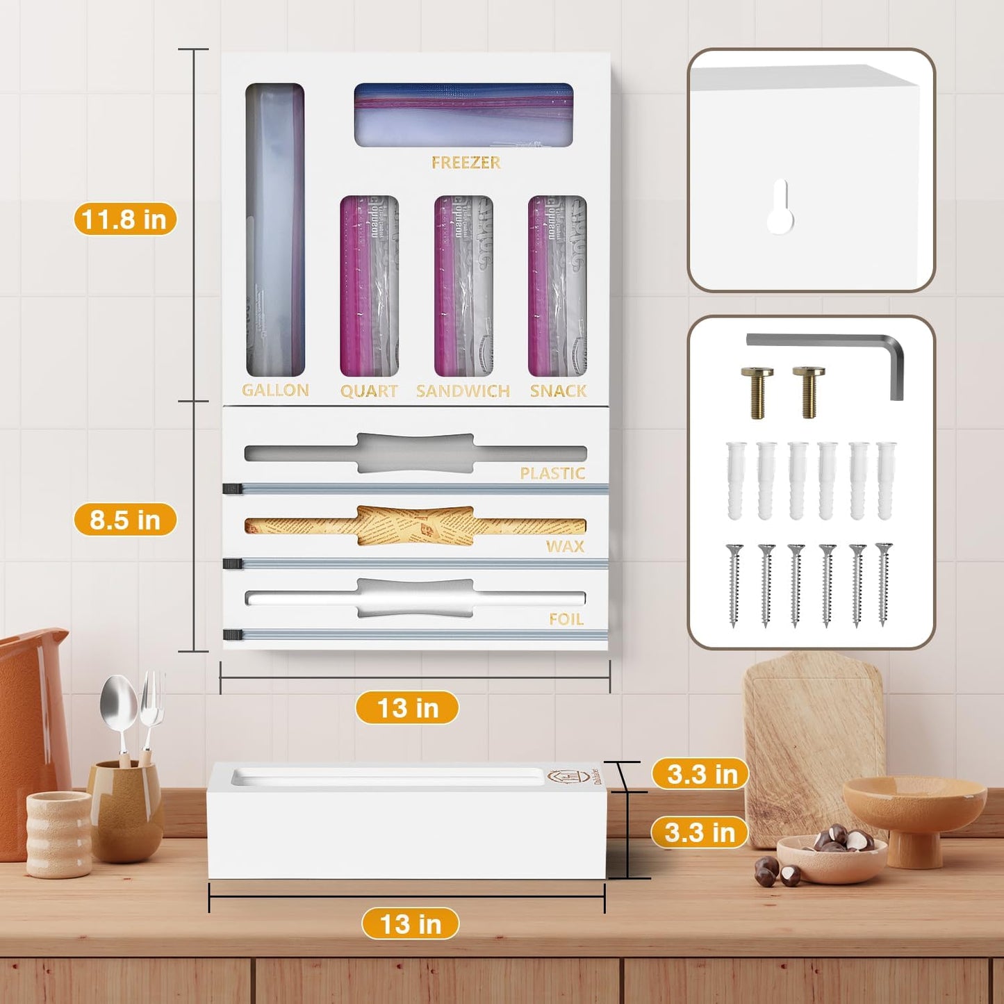DALSHABET 9 IN1 Bamboo Storage Bag Drawer Organizer with Cutter, Foil and Plastic Wrap Dispenser for Kitchen Storage Compatible with All Brands Gallon, Quart, Sandwich & Snack Size Bags - White