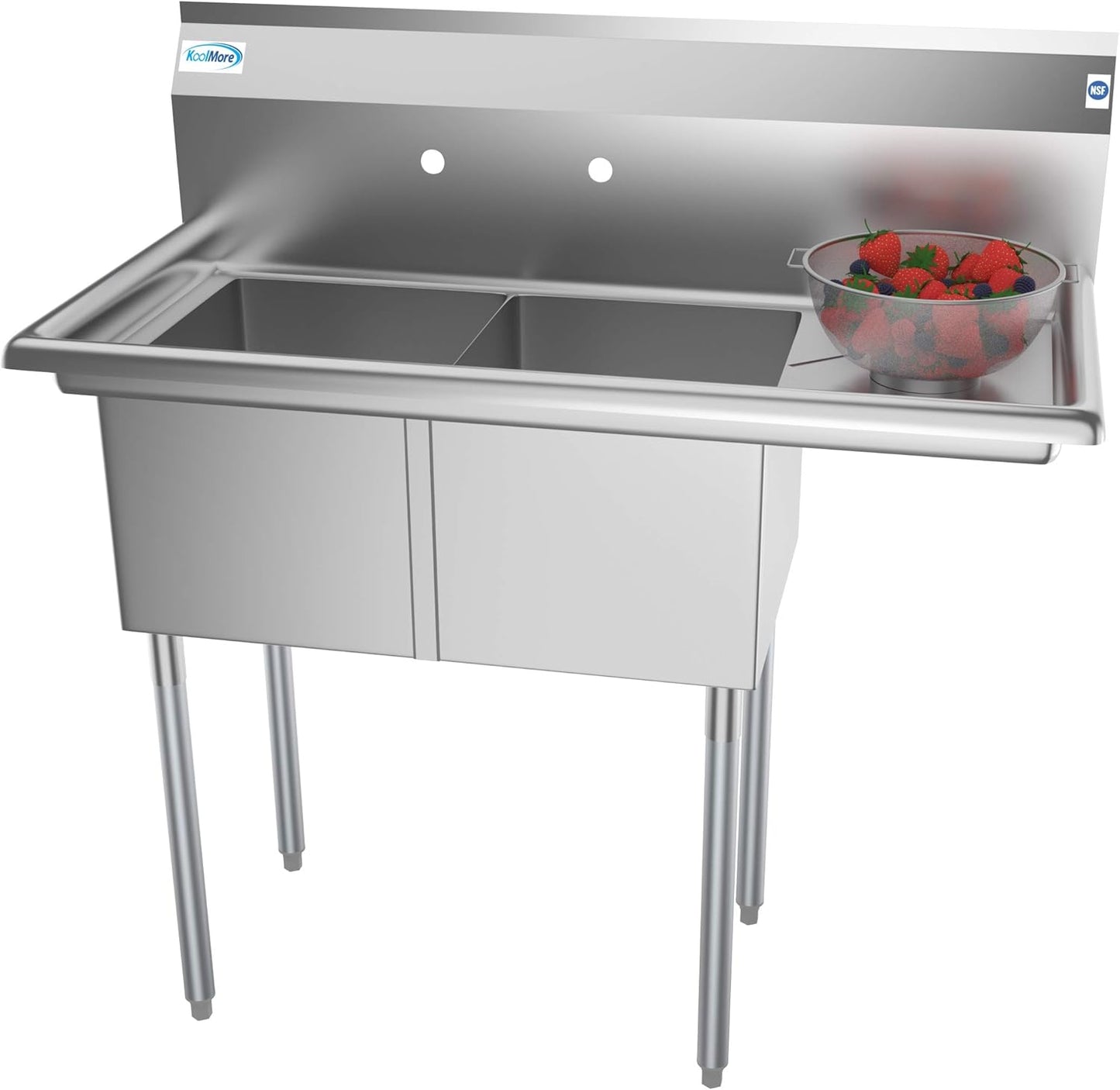 KoolMore 2 Compartment Stainless Steel NSF Commercial Kitchen Prep & Utility Sink with Drainboard - Bowl Size 14" x 16" x 11", Silver
