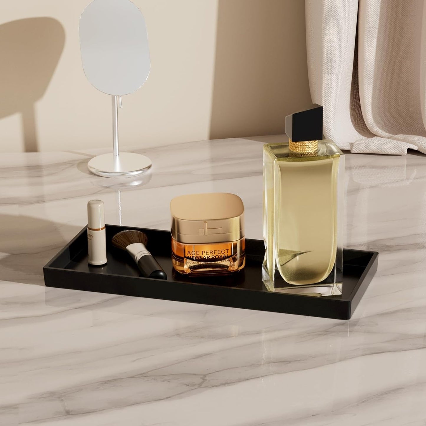 Vanity and Bathroom Tray, 11.8" ABS Countertop Organizer,Waterproof Vanity Tray for Toilet Tank,Perfume,Soap,Keys,Bathroom Accessories,Kitchen and Bath Trays,Non Slip Small Trays,Black,2 Pack