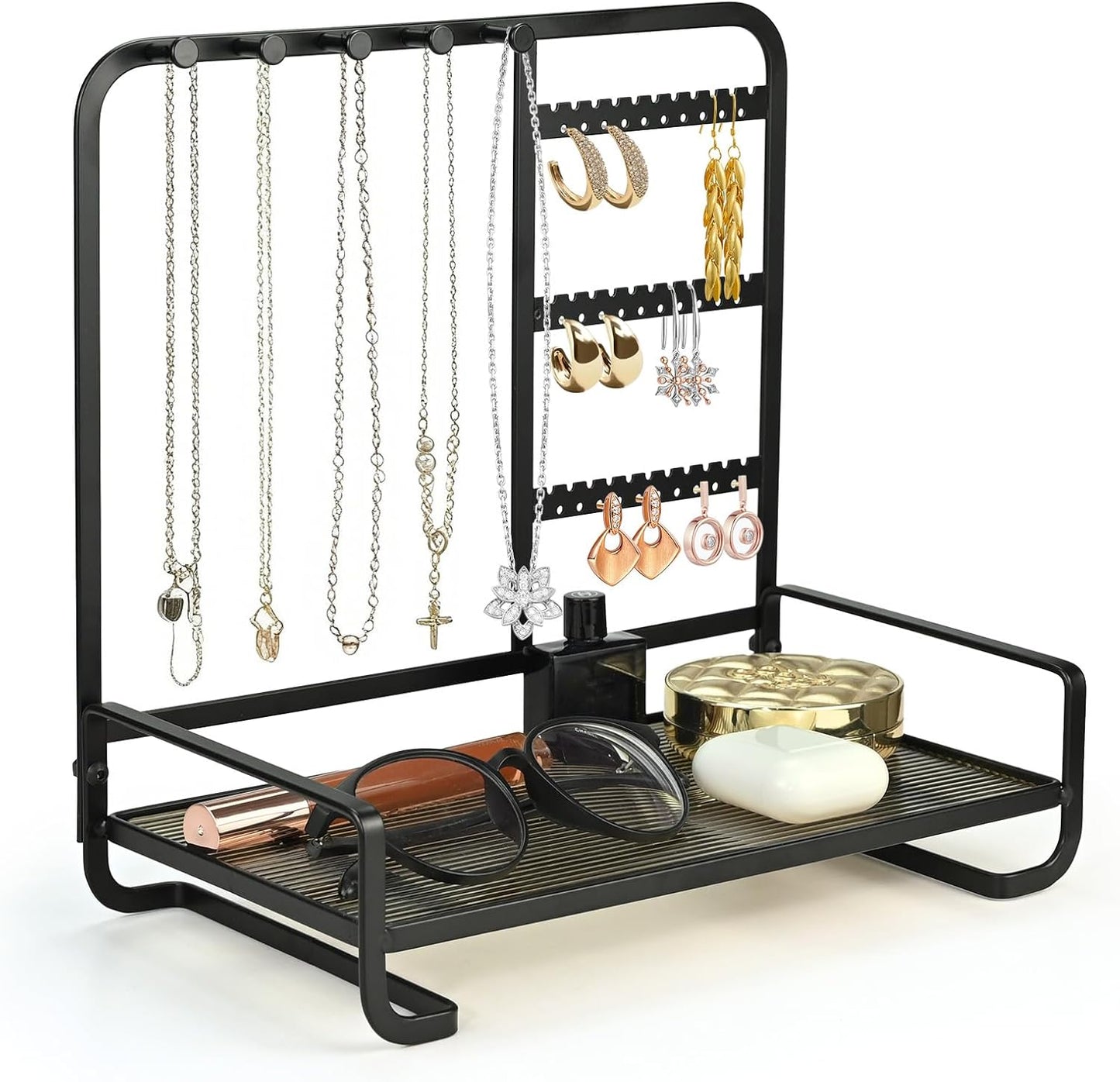 Jewelry Holder, Jewelry Organizer Display Holder with Metal Frame, Jewlery Stand with Metal Frame and Wooden Base, Display With Storage Bottom Plate for Earrings for Necklace Bracelet Earring Ring