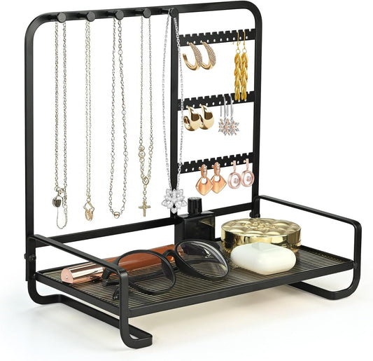 Jewelry Holder, Jewelry Organizer Display Holder with Metal Frame, Jewlery Stand with Metal Frame and Wooden Base, Display With Storage Bottom Plate for Earrings for Necklace Bracelet Earring Ring