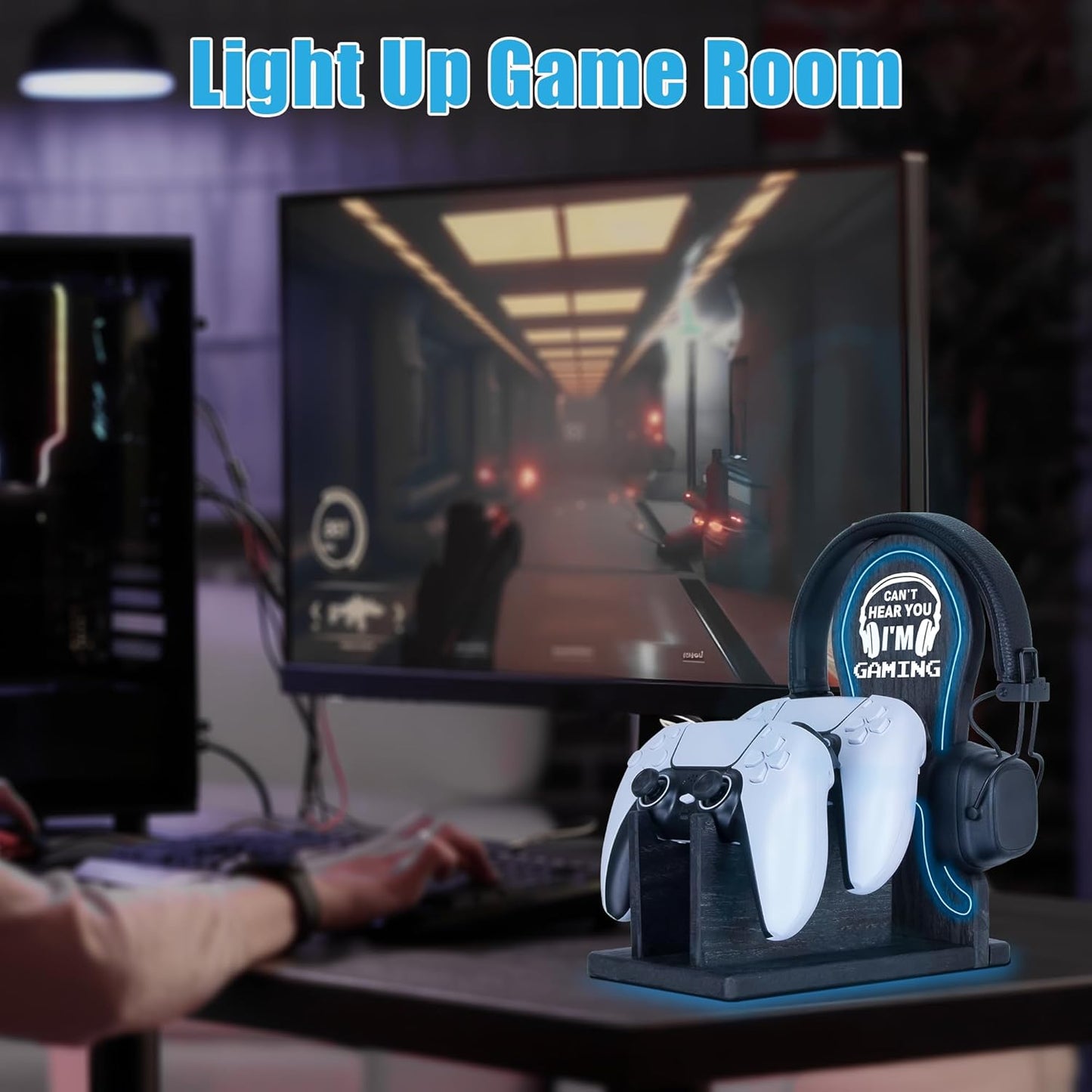 Gamer Gifts Light Up Controller Holder & Headphone Stand with Neon Light, Stylish Gaming Accessories Setup Controller Stand Headset Stands, Unique Gifts for Gamers to Organize Gaming Equipment