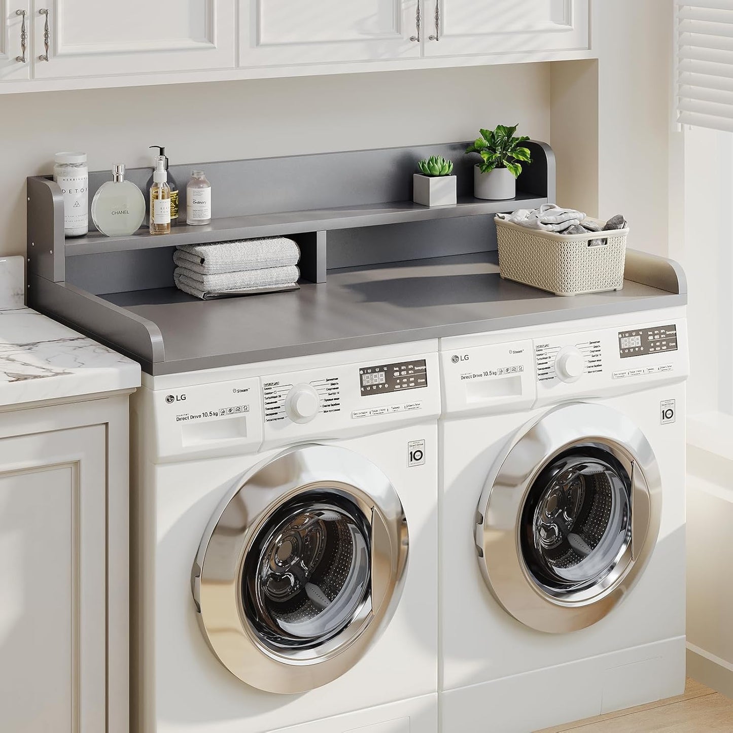 2-Tier Washer Dryer Countertop with 2.75"H Edge Rails, 54" W x 27.55" D Laundry Countertop for Folding Clothes, Washer and Dryer Topper with Non-Slip Pad (Gray)