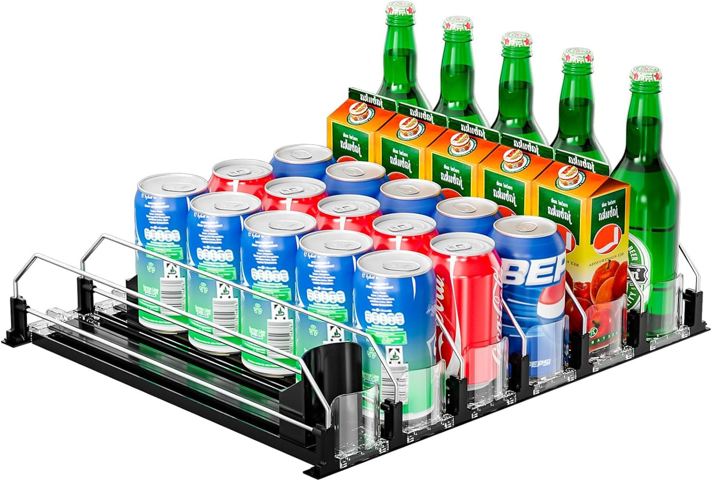 6 Rows Black Drink Organizer for Fridge, 3rd Gen Refrigerator Organizers and Storage, Automatic Pusher Glide and Adjustable Width Can Organizer for Refrigerator - Holds up to 30 Cans
