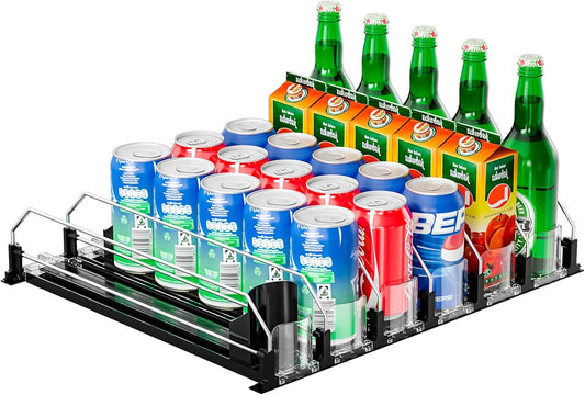 6 Rows Black Drink Organizer for Fridge, 3rd Gen Refrigerator Organizers and Storage, Automatic Pusher Glide and Adjustable Width Can Organizer for Refrigerator - Holds up to 30 Cans