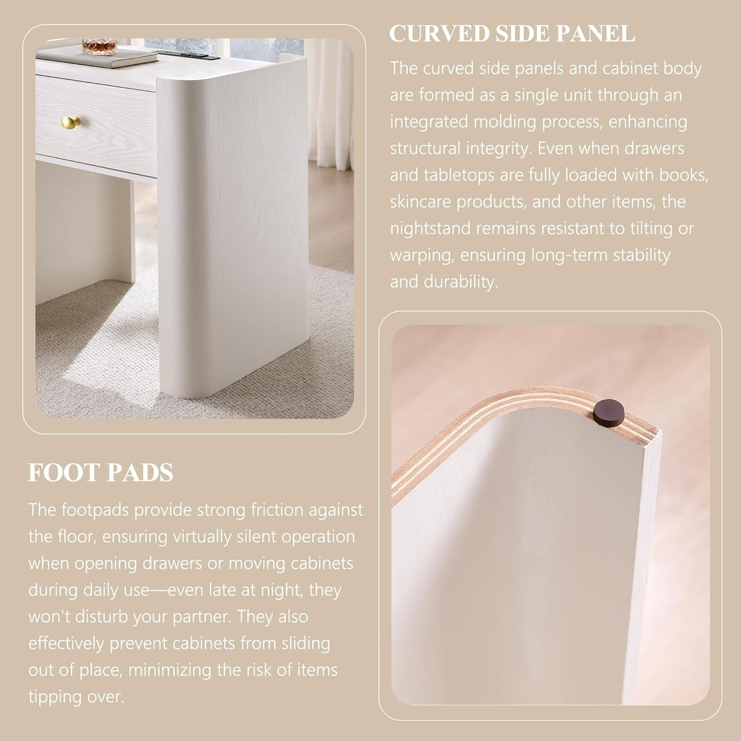 23.6" Tall Modern Nightstand Set of 2, 22" Wide Curved Bedside Table with Charging Station, Wooden Night Stand with 1 Storage Drawer, Large End Table for Bedroom, Living Room, White