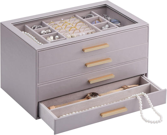 Lolalet Jewelry Box Organizer, 4-Layer Jewelry Organizers and Storage Case with Glass Lid, Ring Earring Bracelet Necklace Holder Organizer, Birthday Christmas Gifts for Women Girls -4Layer, HazePurple