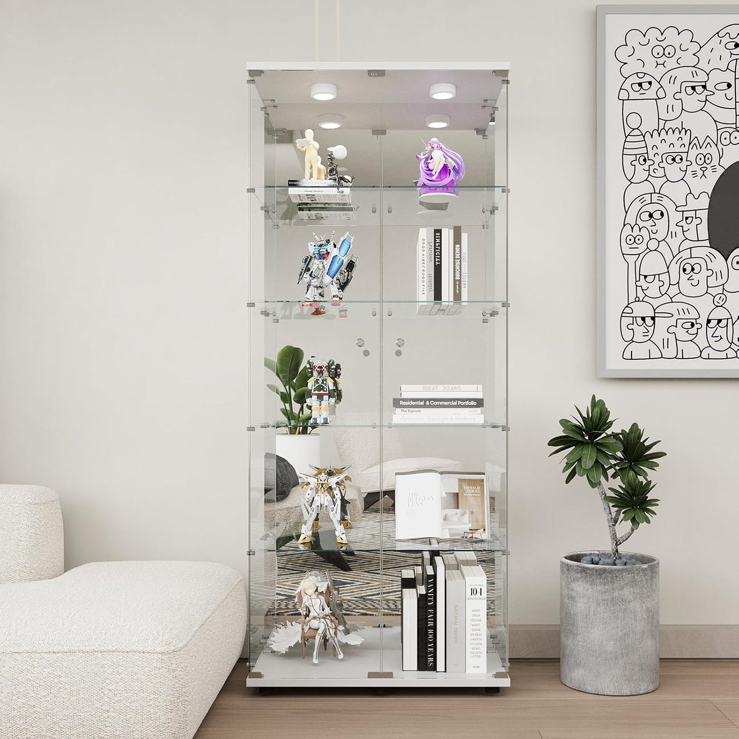 Beauty4U Glass Display Cabinet with LED Lights and Mirror, 5 Shelves with 2 Doors, Curio Cabinets for Living Room, Bedroom, Office, White Floor Standing Glass Bookshelf, Quick Installation