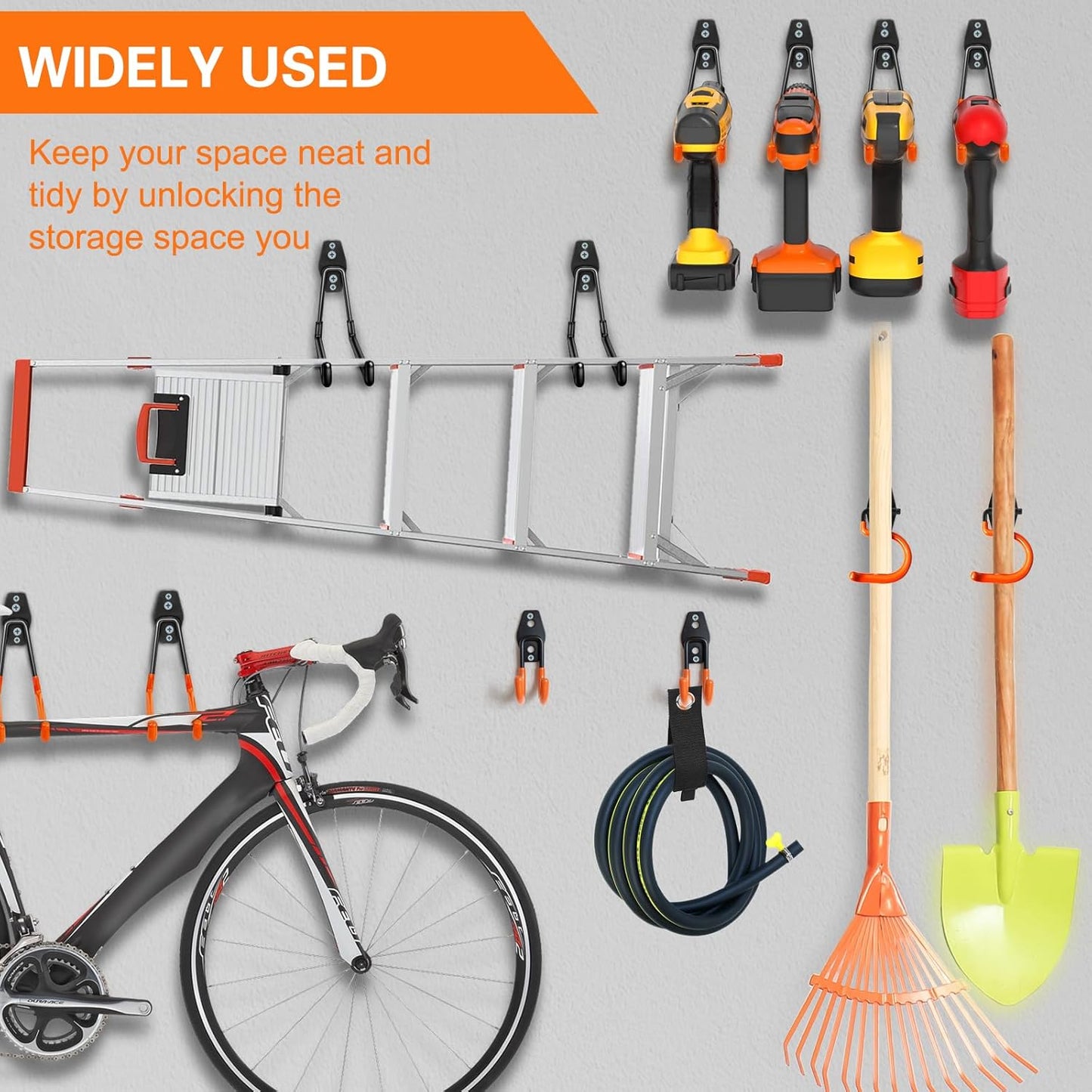 18 Pack Garage Hooks Heavy Duty Utility Steel with Anti-Slip Coating Wall Mount Storage Organizer for Hanging Power and Garden Tools, Ladders, Hose, Bikes, Ropes, Bulk Items, and More