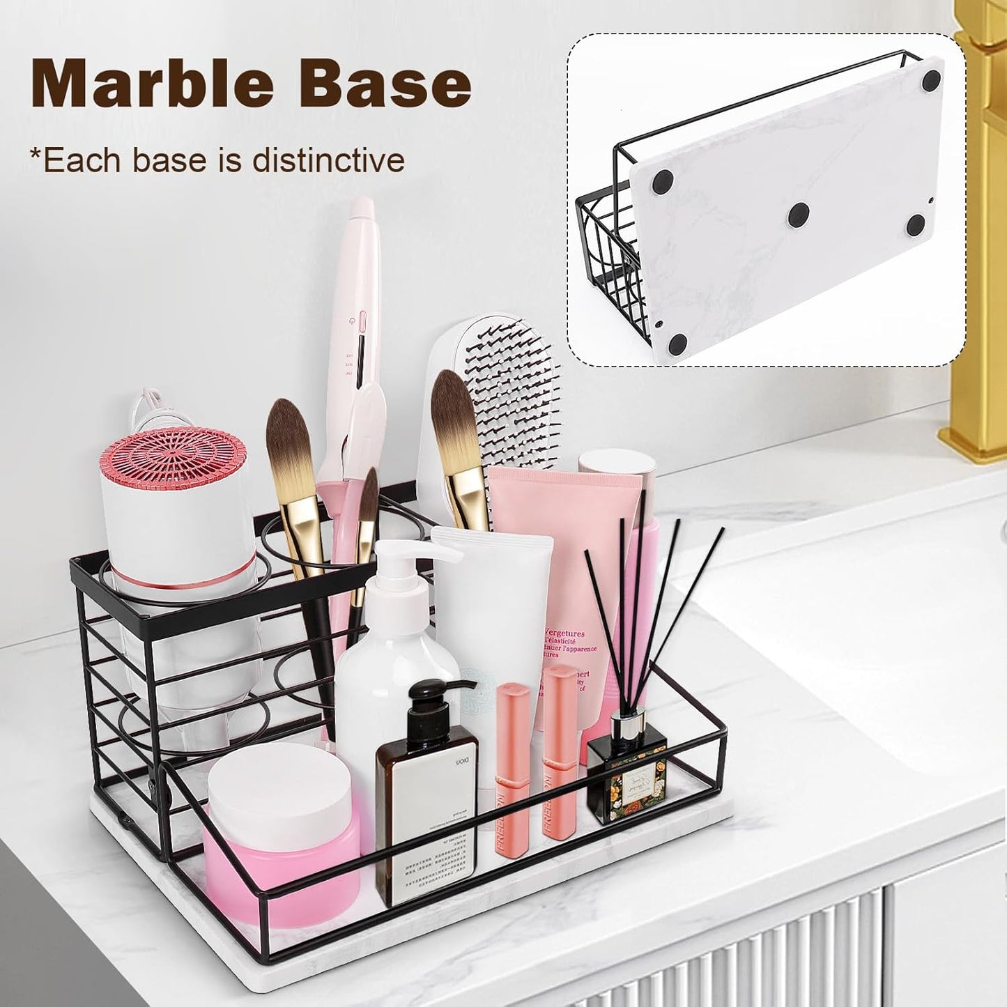 Hair Tool Organizer, Movable Hair Dryer Holder, Hair Styling Tools Storage for Vanity, Bath Counter Organizer, Bathroom Trays for Hair Toiletry, Makeup (12" x 7.7" x 5.8", Marble-Black)