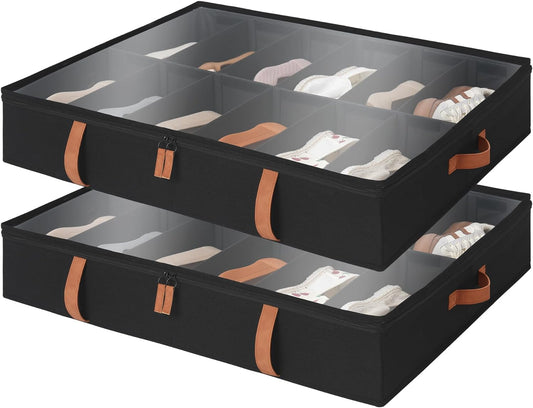 StorageWorks Shoe Organizer for Closet, Fits up to 24 Pairs, 2-Pack Ultra-thick Fabric Under Bed Shoe Storage Containers with Bottom Support and Adjustable Dividers, Black