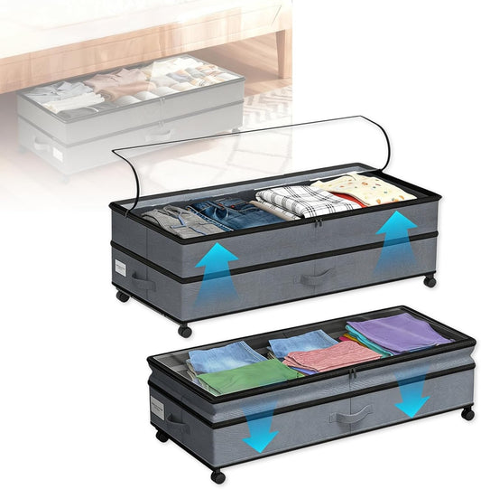 Under Bed Storage with Wheels, 72L Large Capacity Adjustable Height Underbed Storage Drawers with Lid & 360° Wheels, Rolling Storage Container for Clothes, Shoes, Blankets, Comforters