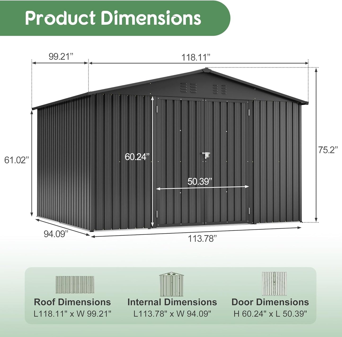10x8 FT Outdoor Storage Shed with Floor Frame Structure and Lockable Doors, Durable and Sturdy Meta Sheds with Waterproof Roof Garden Tool Shed Ideal for Backyard Patio (Black