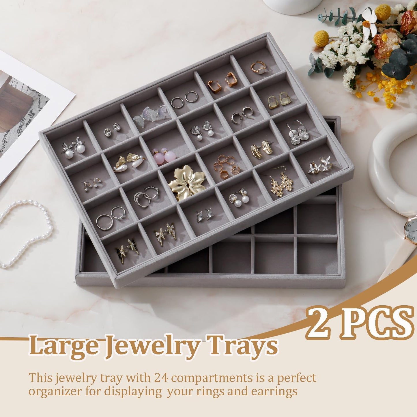 Large Velvet Jewelry Tray 2 Pack Stackable Jewelry Display Drawer Inserts Trays Organizer for Earring Bracelet Necklace Ring (Gray, 24 Grids)