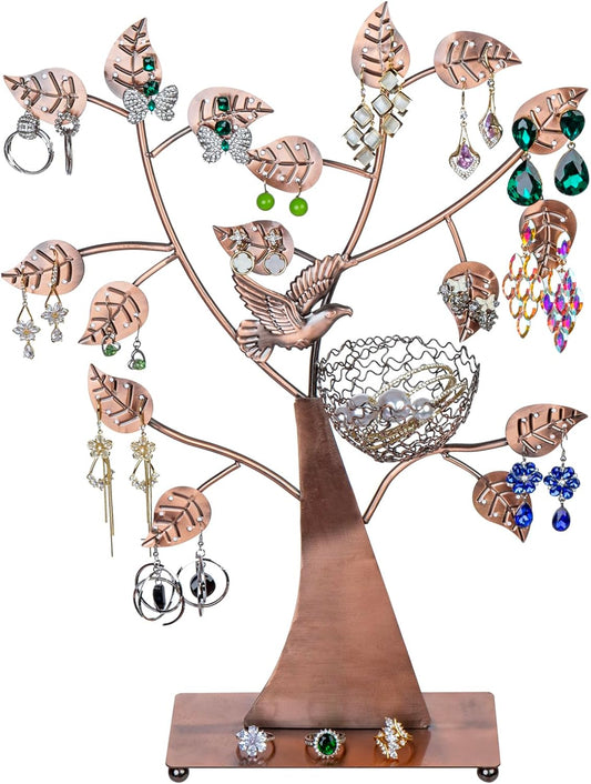 MyGift 14-Inch Modern Bronze Jewelry Organizer Tree with Bird Nest – Holds 48 Earrings, Necklace & Bracelet Stand, Metal Tabletop Display for Rings, Trinkets – Decorative Storage for Home Décor