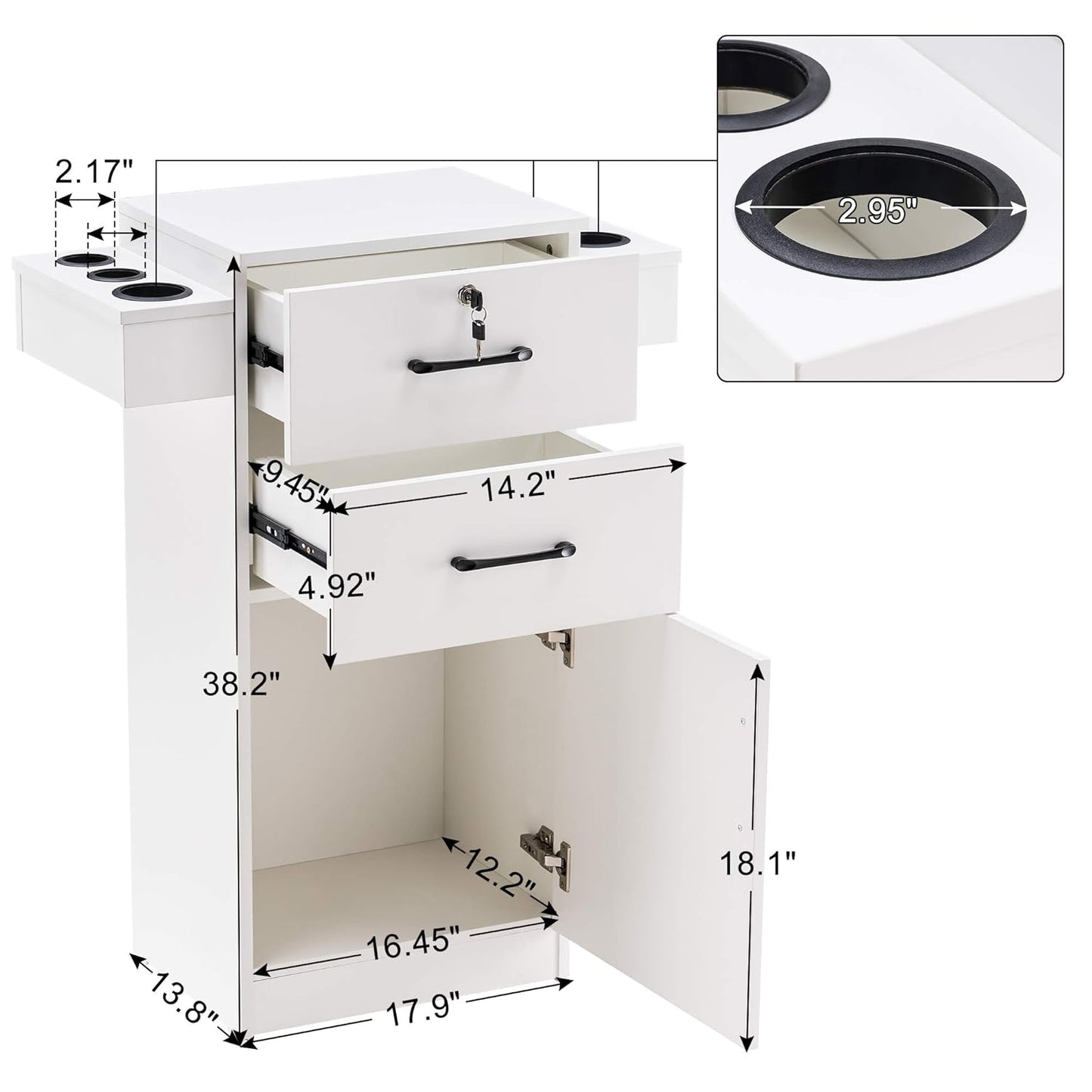 BarberPub 38"x18"x14" Locking Beauty Salon Storage Cabinet, Barber Styling Station with Nylon Hair Dryer Holder, Barber Shop Stylist Equipment with Drawers 2021 (White)