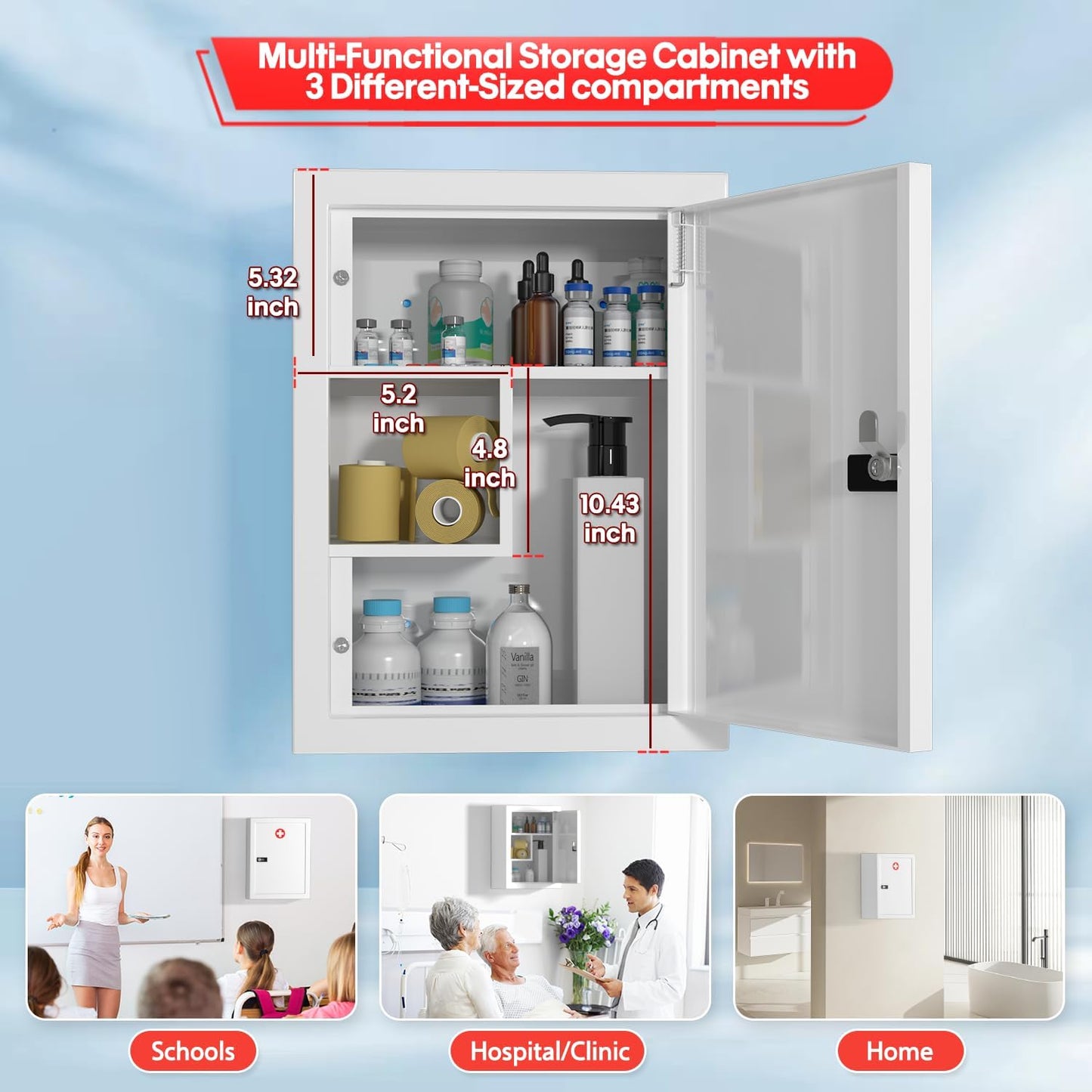 Wall-Mount Locking Medicine Cabinet: Large Metal Storage Organizer Box with Combination & Key Lock - First Aid Medicine Cabinet 3-Compartment Design for Bathroom Home (15.75" H x 11.82" W x 4.72" D)