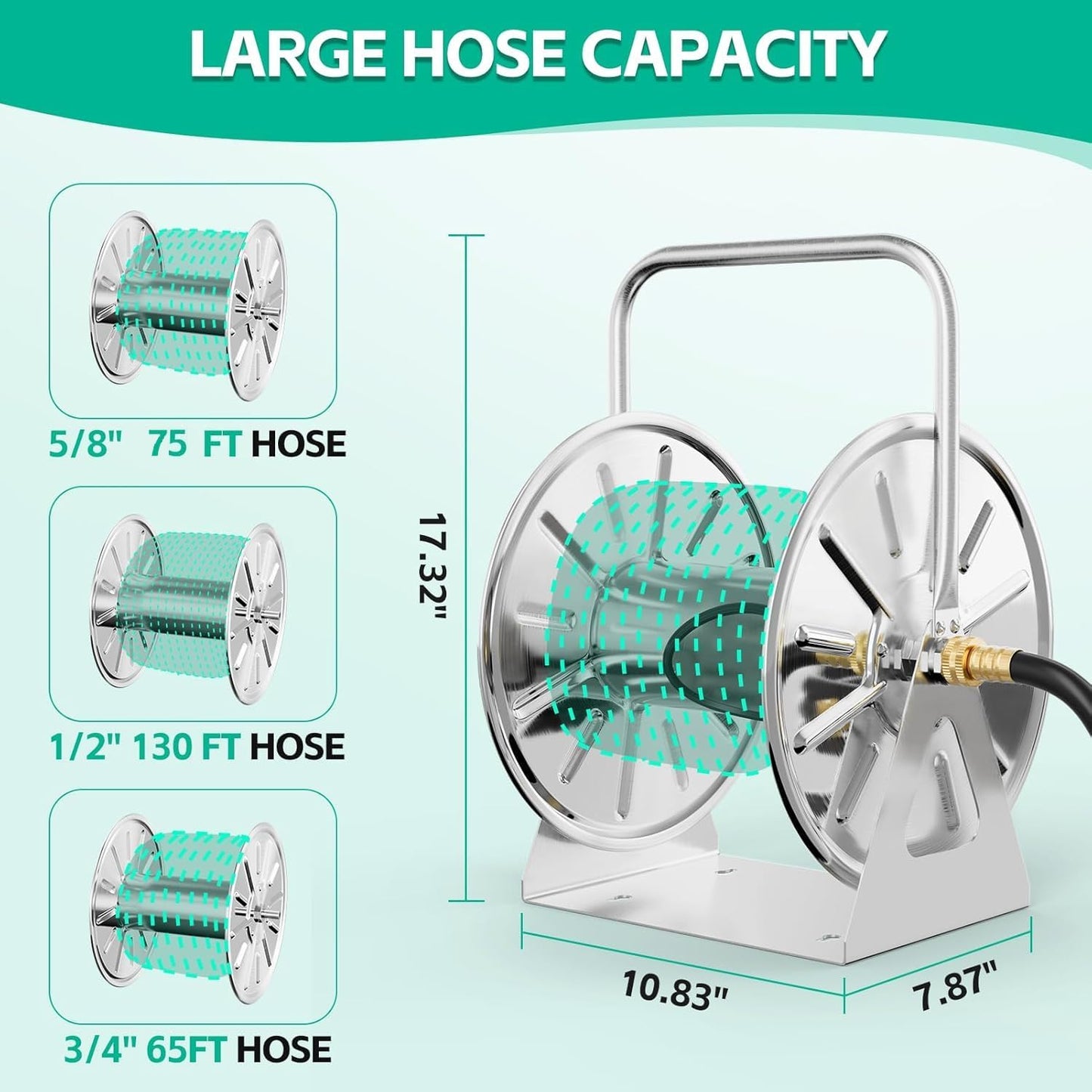 SPECILITE Stainless Steel Garden Hose Reel, Portable Outdoor Metal Wall Mount/Floor Spool, Holds 5/8 Inch 75ft Capacity, with 6ft Leader Water Pipe, UV Resistant Yard, Patio
