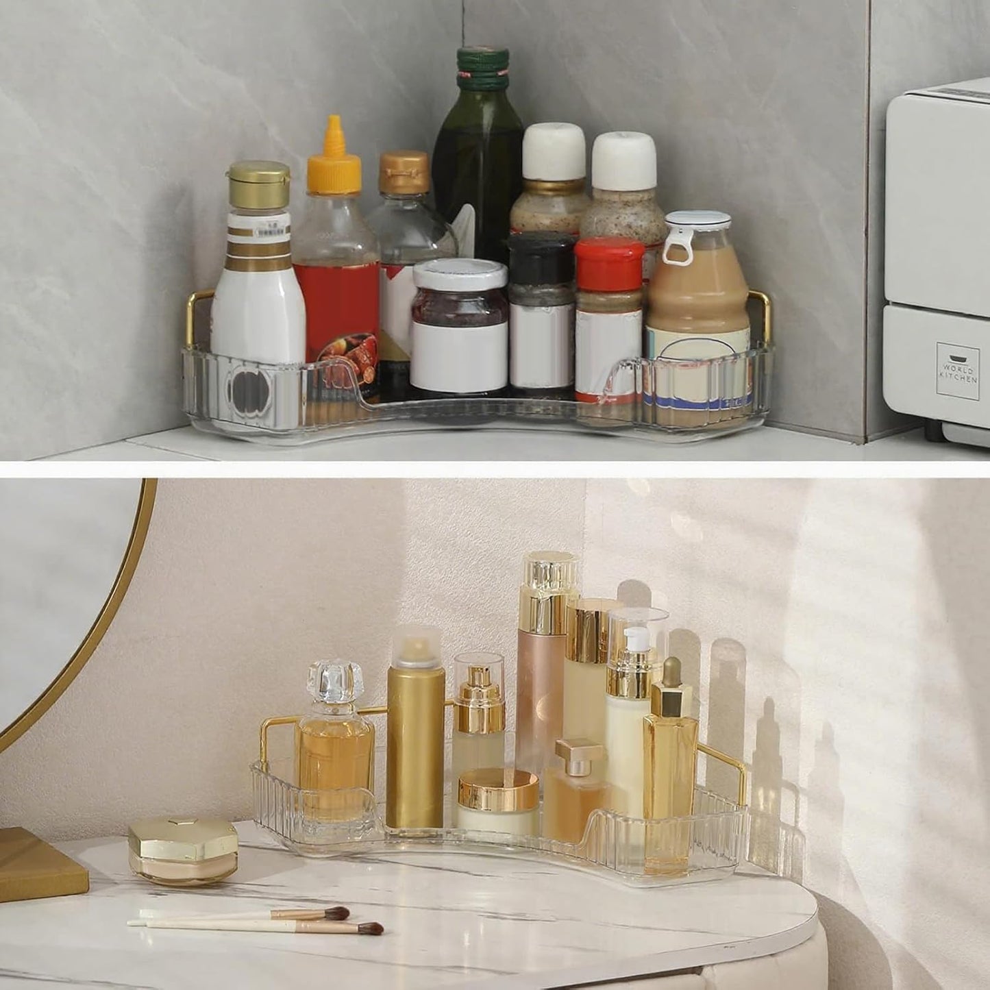 Corner Bathroom Countertop Organizer, Vanity Organizer Trays for Counter, Makeup Organizers, Perfume Tray, Skincare Shelf Storage Gifts for Women Girl Student (Clear, 1 Tier)