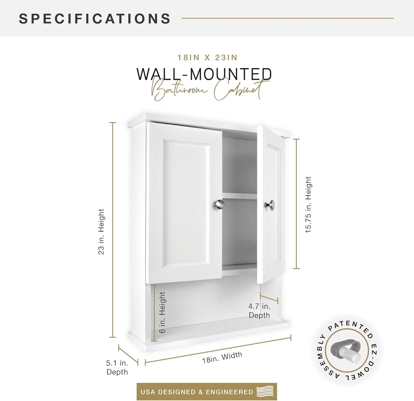 MCS 23x18 White Medicine Cabinet Organizer, Wall Mounted 2-Door Bathroom Cabinet for Over-The-Toilet Storage, Bathroom Furniture & Restroom Organizer