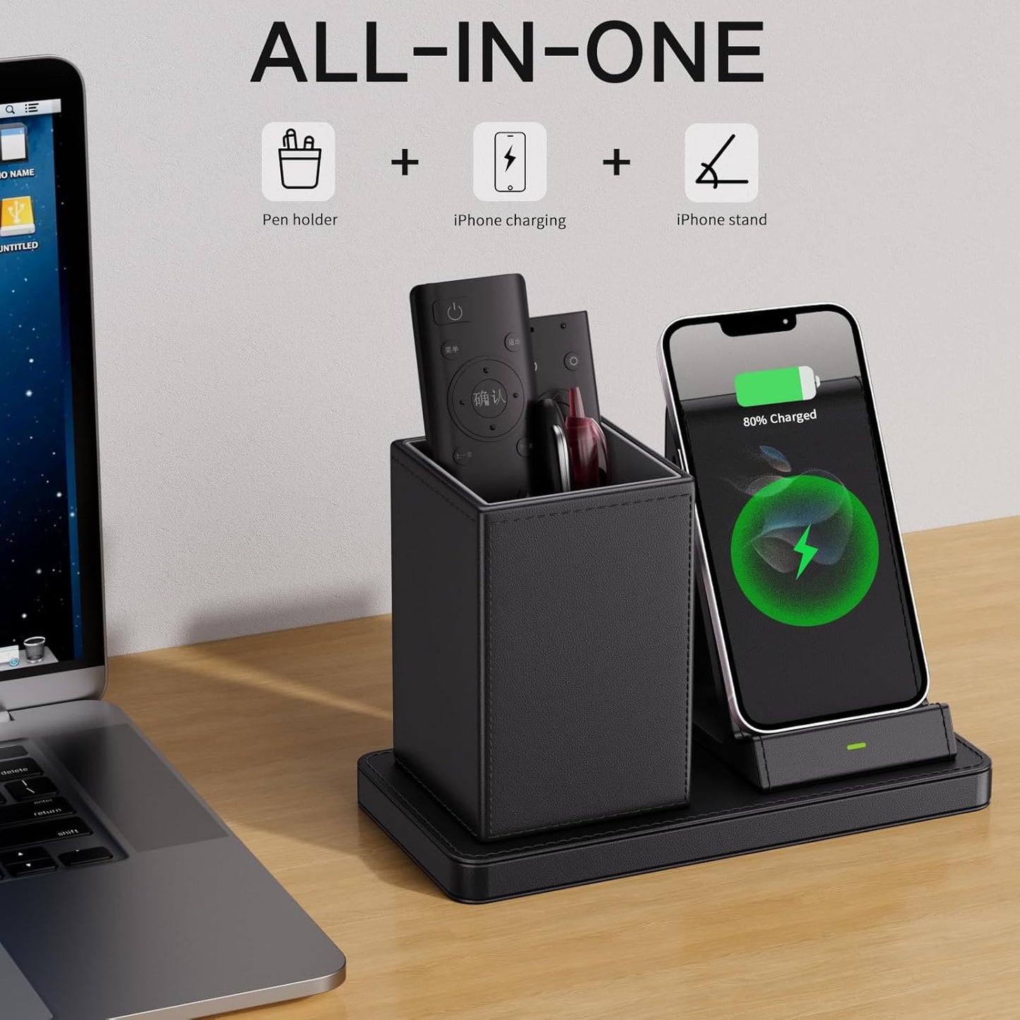 Multi-Functional Pen Holder for Desk,Black Vegan Leather Desk Organizers with Remote Control Holder,Pencil Holder for Desk,Desk Organizer with Phone Wireless Charger for Office/Nightstand/Endtable