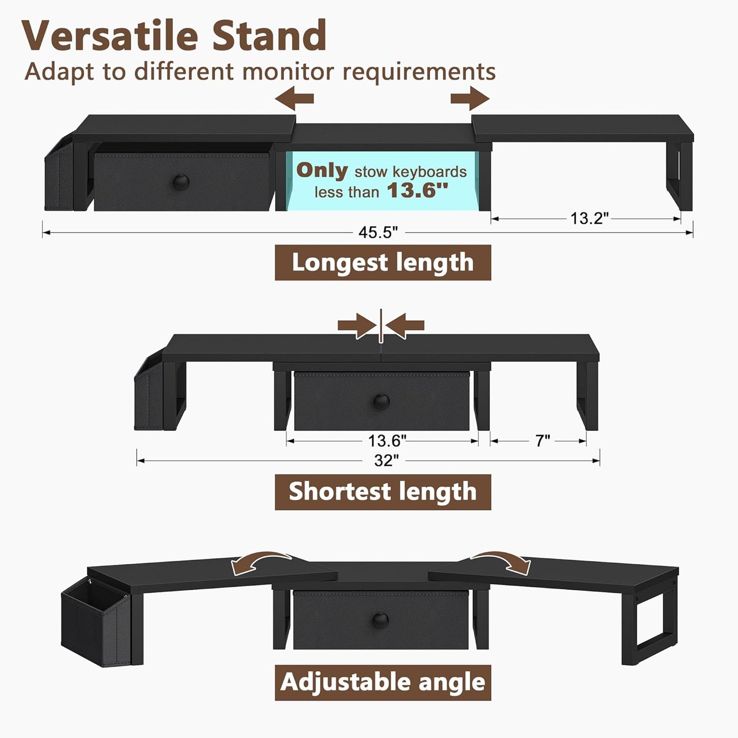 LAND·VOI Dual Monitor Stand with Drawer and Side Pockets, Monitor Riser for Desk, Home Office Desk Storage, Multi-Scenario Adaptation for Work and Entertainment, Black, HMS02BK