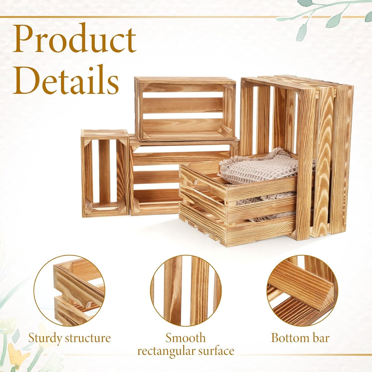 5 Pcs Decorative Nesting Wooden Crates for Storage Display Rustic, Large Torched Wood Storage Crates, Large Farmhouse Wooden Basket with Handle for Storages Container and Decorations, 5 Size