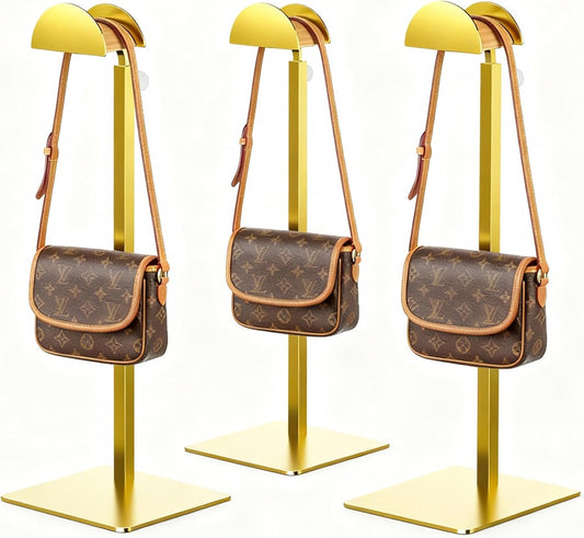 3 Pack Purse Display Stand, Handbag Purse Rack Stand Stainless Steel with Adjustable Height from 14.27" to 24" for Tabletop, Closet, Desk, and Retail Use - Metallic Gold