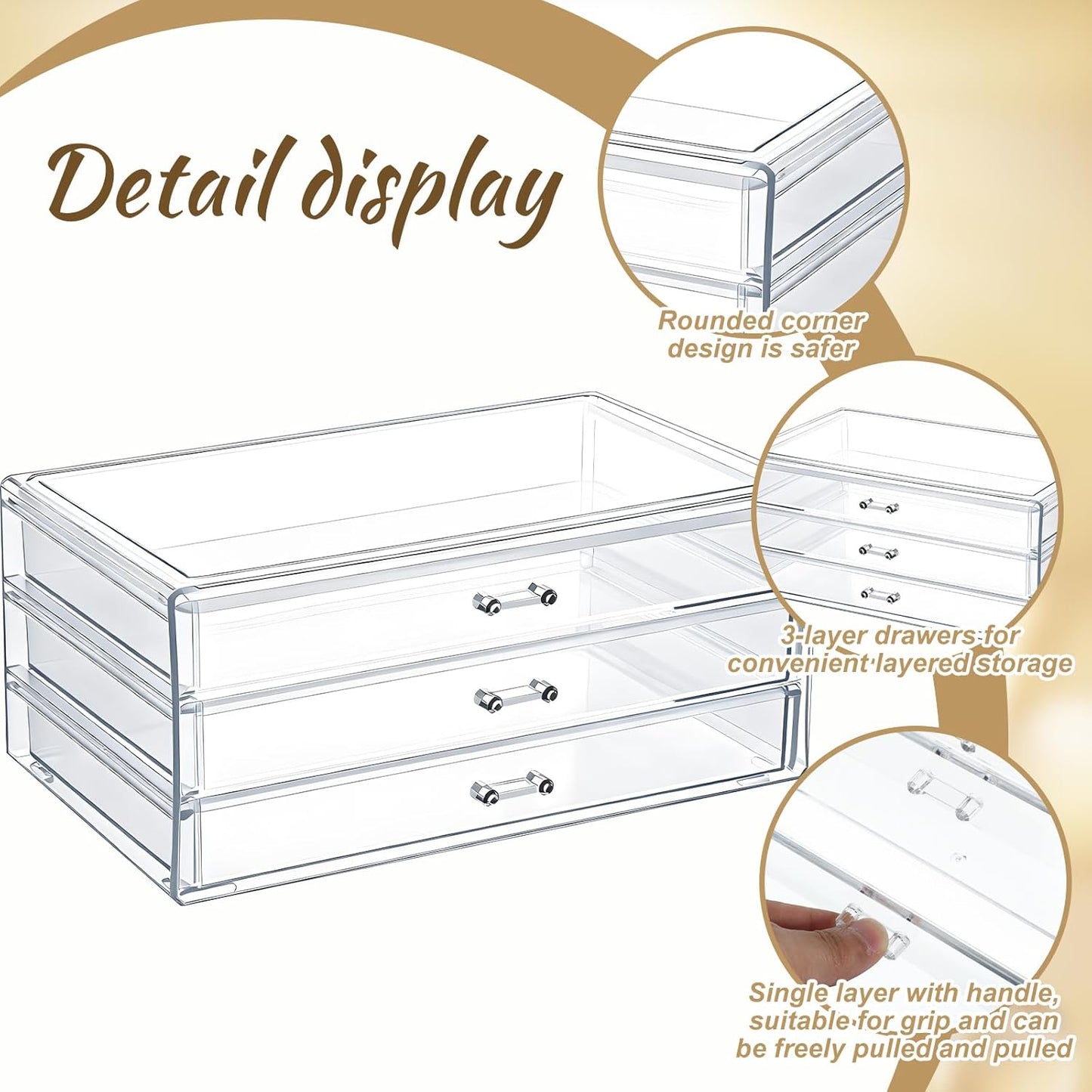 Acrylic Drawers Stackable, 9.3 X 5.3 X 4 Inch Stackable Makeup Organizer Acrylic 3 Drawer Storage Organizers Clear Stationery Organizer for Dresser, Bathroom, Vanity, Countertop