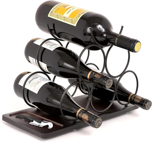 Countertop Wine Rack,Small Wine Rack and Wine Bottle Holder for 6 Bottles, Rustic Wood and Metal Freestanding Wine Organizer for Kitchen, Tabletop, or Bar