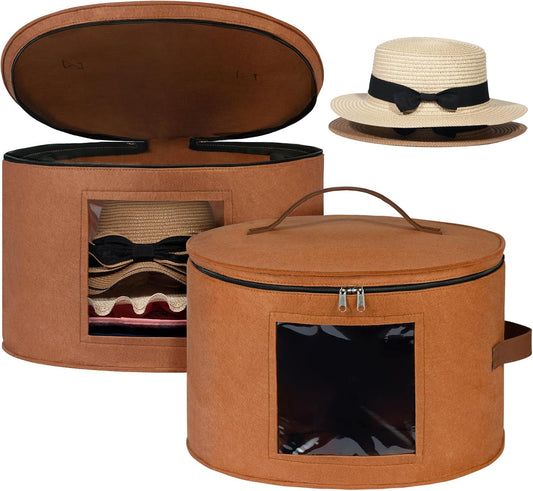 Lifewit Round Cowboy Hat Box for 7 Caps, Large Felt Hat Organizer Bag for Men & Women Storage, Baseball Cap Container with Dustproof Lid for Travel, Foldable 16.5" D x 10.6" H Carrier, 2 Pack, Brown